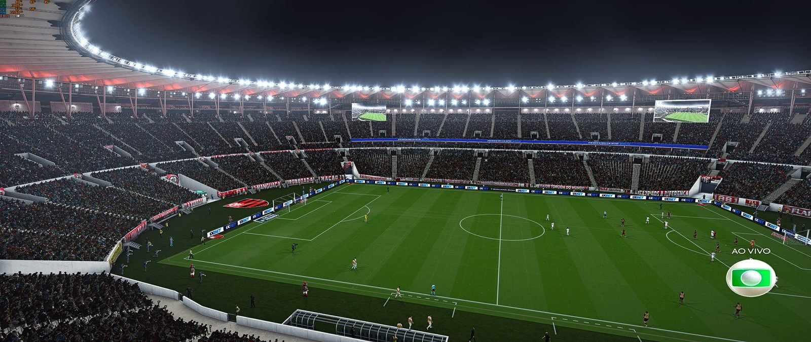 Maracanã à noite, com telões e transmissão “ao vivo”.