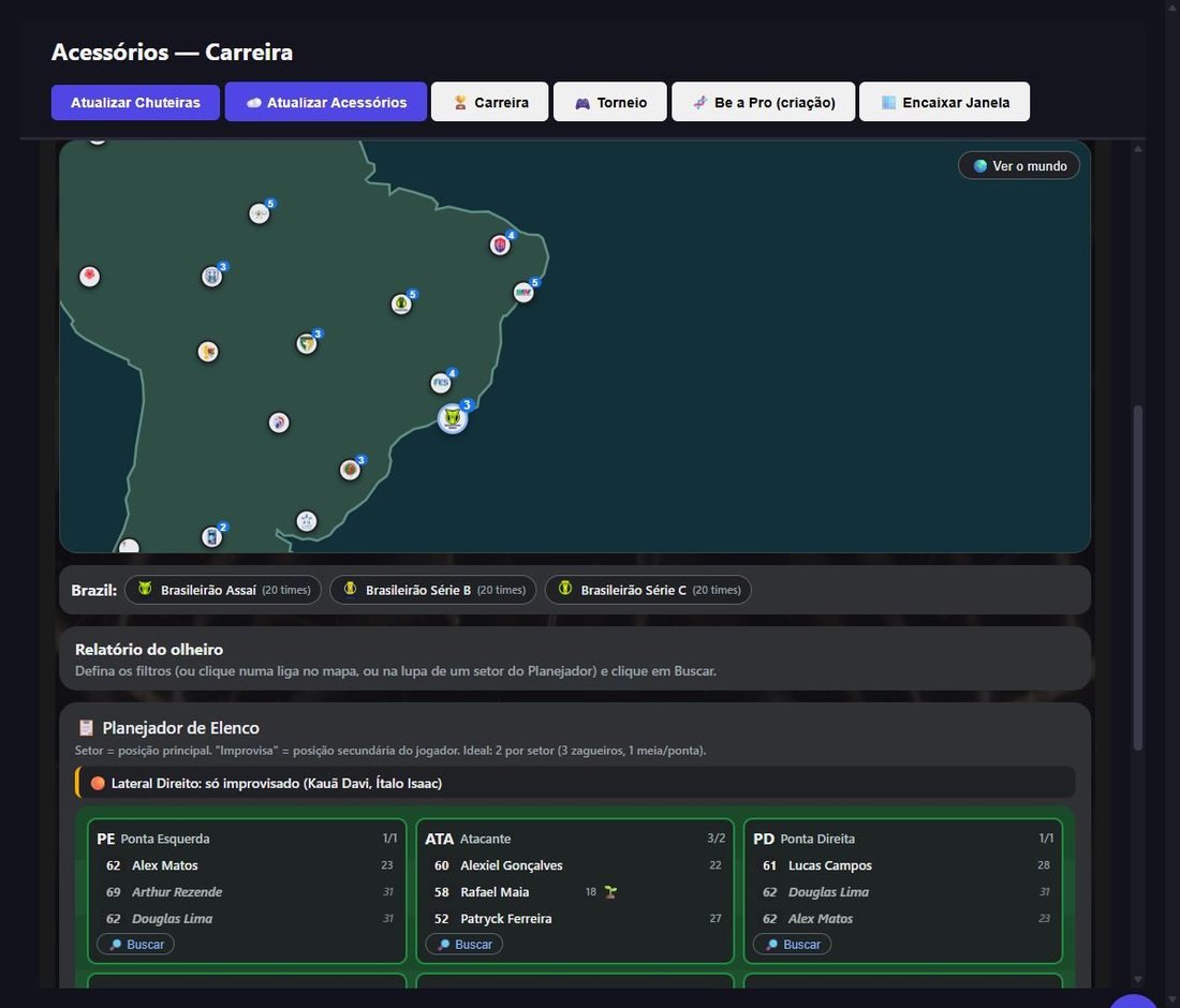 Mapa-múndi do olheiro com ícones das ligas e planejador de elenco